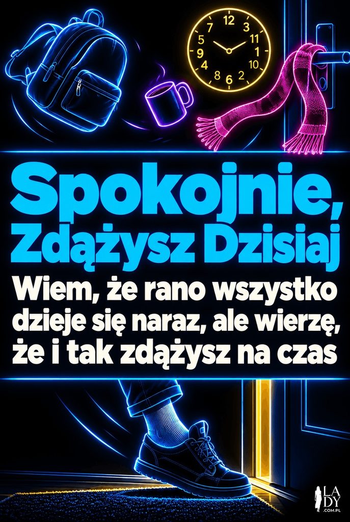 Kartka w stylu świecących konturów na ciemnym tle z lecącym plecakiem, poplątanym zegarem i szalikiem, z napisem „Spokojnie, Zdążysz Dzisiaj" i dłuższym życzeniem spokojnego poranka mimo pośpiechu.