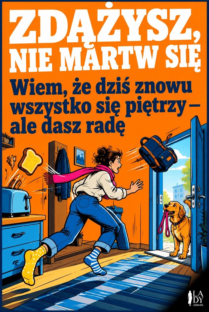 Pop-artowa kartka z komicznym porannym chaosem w przedpokoju — lecącym plecakiem, tostem i psem ze smyczą — z napisem „Zdążysz, Nie Martw Się" dla wiecznie spóźnionych.