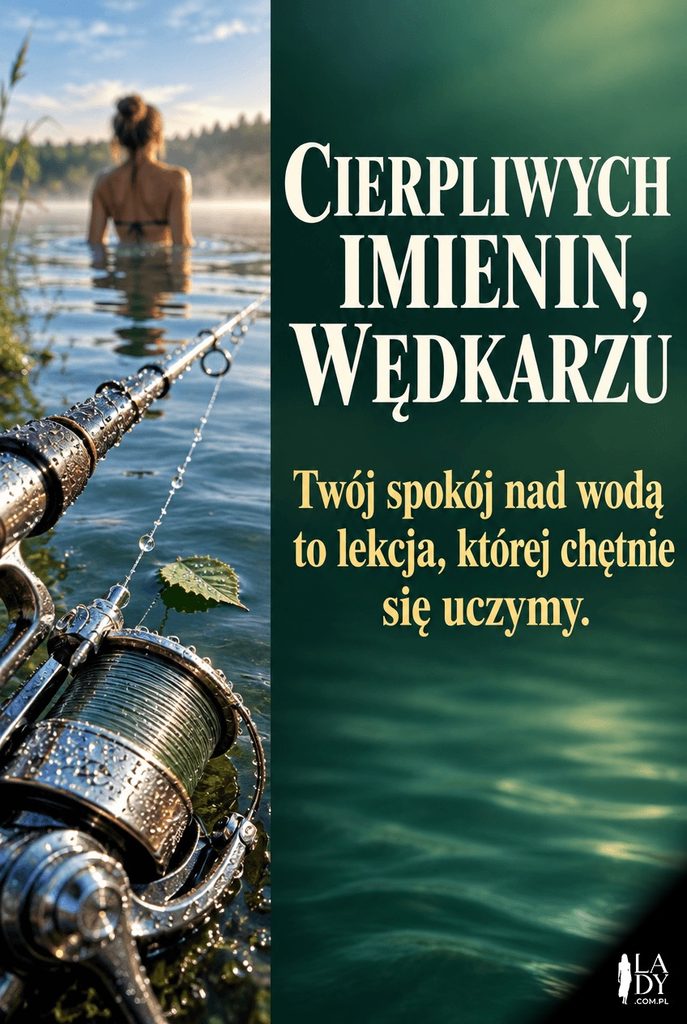 Kartka imieninowa z makro ujęciem szpuli wędkarskiej pokrytej rosą
