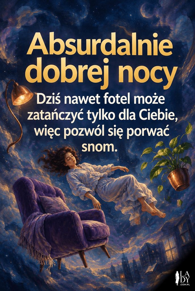 Malarska scena tańczących w powietrzu mebli wokół śpiącej postaci, z napisem „Absurdalnie dobrej nocy".