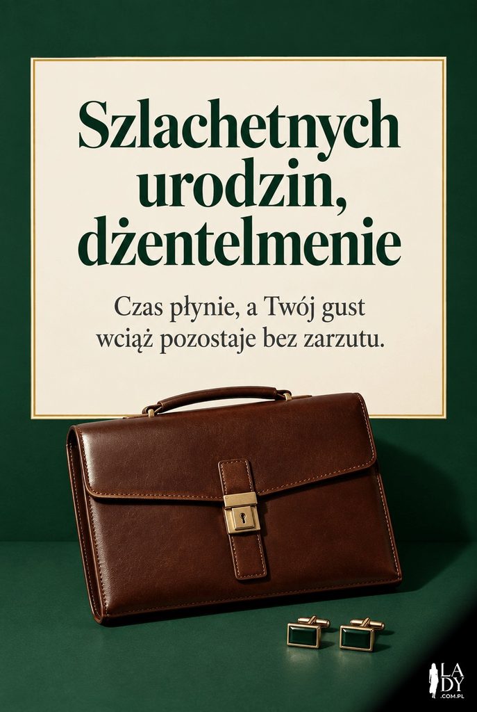 Skórzana teczka i spinki do mankietów na zielonym tle, elegancka kartka urodzinowa dla dżentelmena