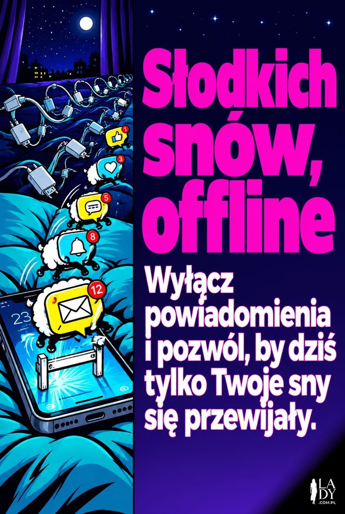 Komiksowa grafika smartfona z powiadomieniami przeskakującymi jak owieczki przez płot, z napisem „Słodkich snów, offline".