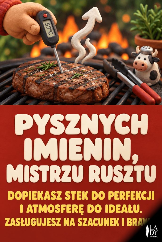 Kartka imieninowa ze zbliżeniem na termometr w steku i życzeniami dla mistrza grilla
