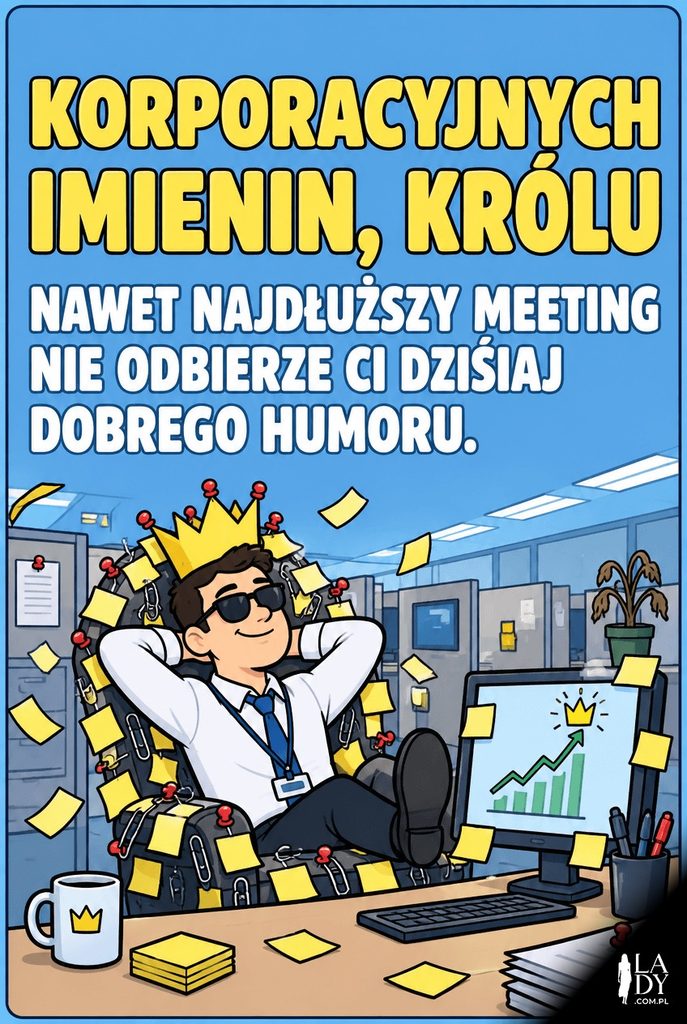 Kartka imieninowa z mężczyzną na żartobliwym tronie ze spinaczy w biurze