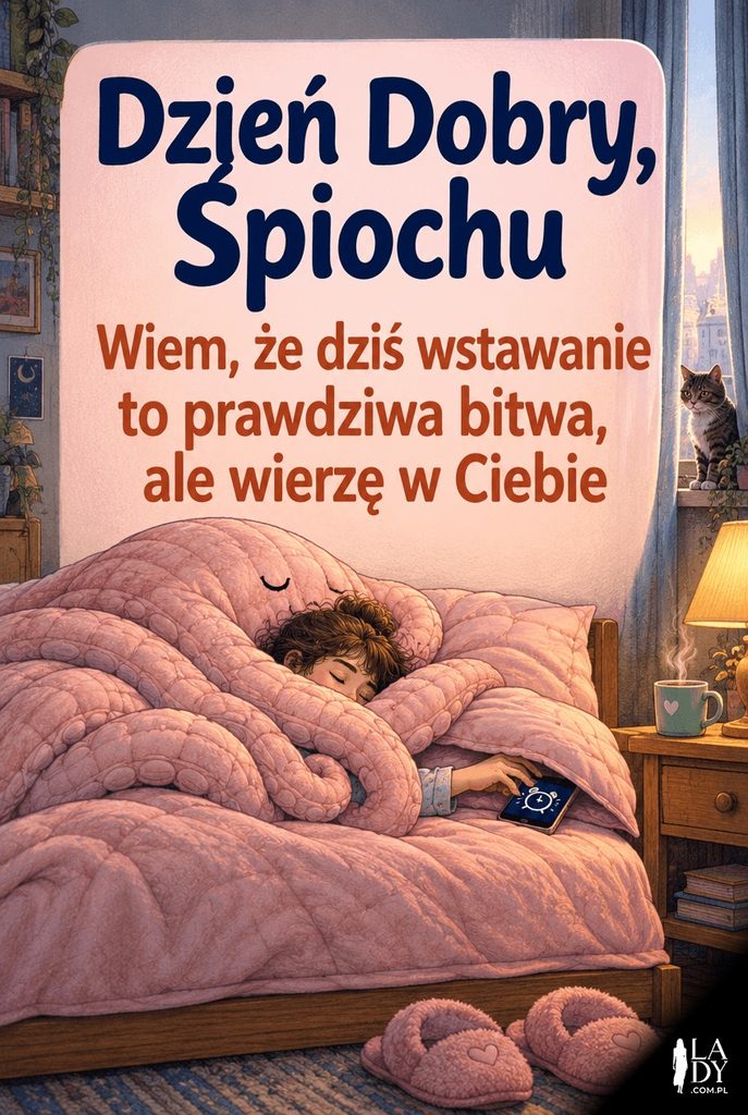 Rysowana kartka na dzień dobry z kołdrą-ośmiornicą czule oplatającą śpiącą osobę o świcie, kotem na parapecie i kubkiem kawy na szafce, z napisem „Dzień Dobry, Śpiochu" i wsparciem na trudny poranek.