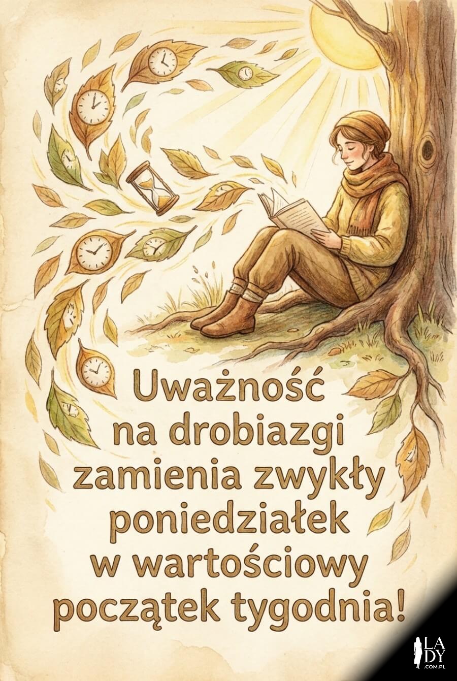 Ilustracja poranka z kartką i życzeniami na poniedziałek