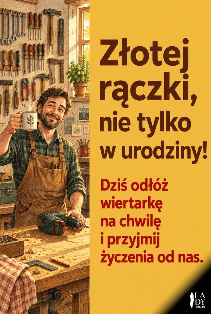 Mężczyzna w warsztacie odkładający wiertarkę i unoszący kubek herbaty, ciepła kartka urodzinowa dla majsterkowicza
