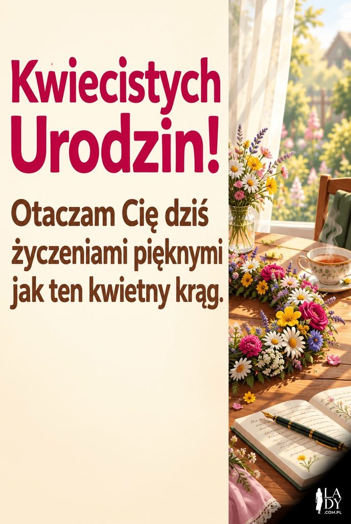 Kartka urodzinowa z wianuszkiem kwiatów na drewnianym stole w porannym świetle, z życzeniami „Kwiecistych Urodzin!”
