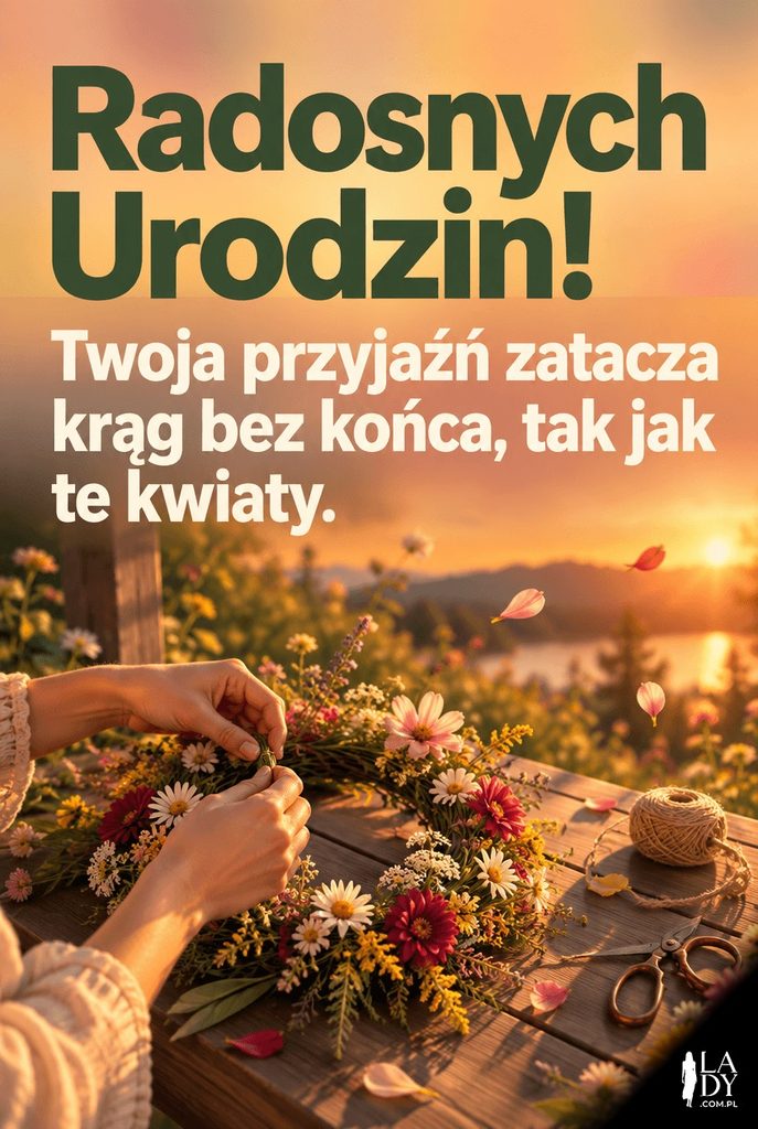 Kartka urodzinowa – dłonie splatające kwietny wianek o zachodzie słońca, napis „Radosnych Urodzin!”