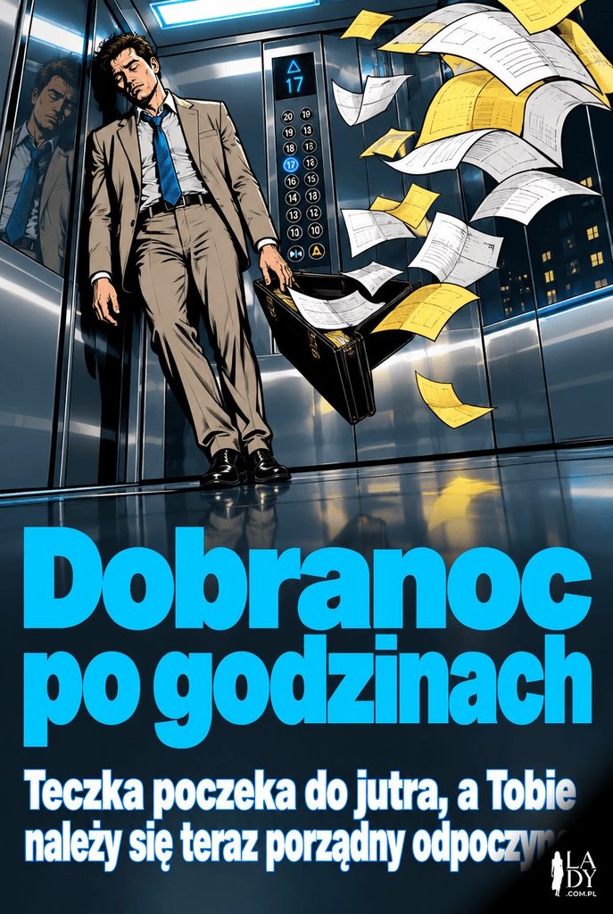 Pop-artowa scena śpiącej na stojąco osoby w windzie z fruwającymi papierami, z napisem „Dobranoc po godzinach".