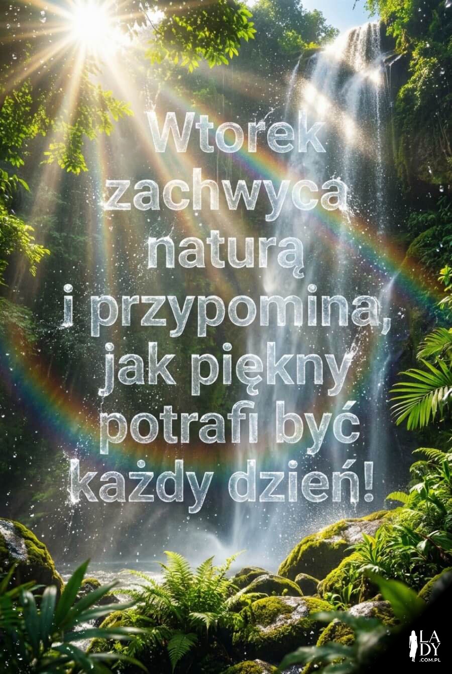 Kartka z wtorkowymi życzeniami na tle wodospadu