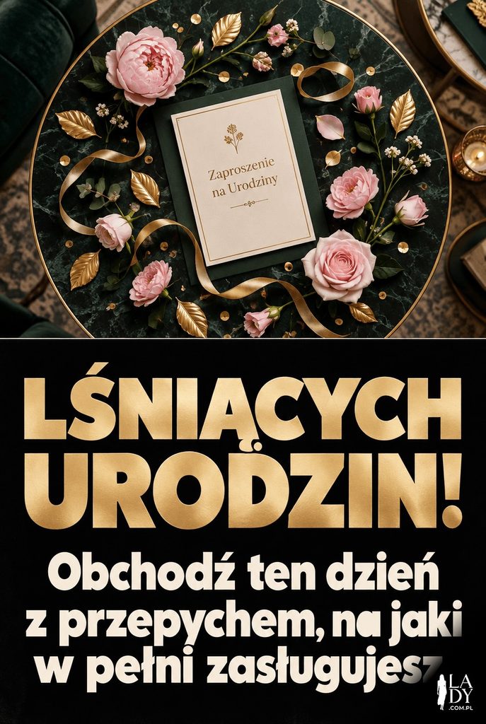 Kartka urodzinowa – widok z góry na złote kwiaty i wstążkę, życzenie „Lśniących Urodzin!”
