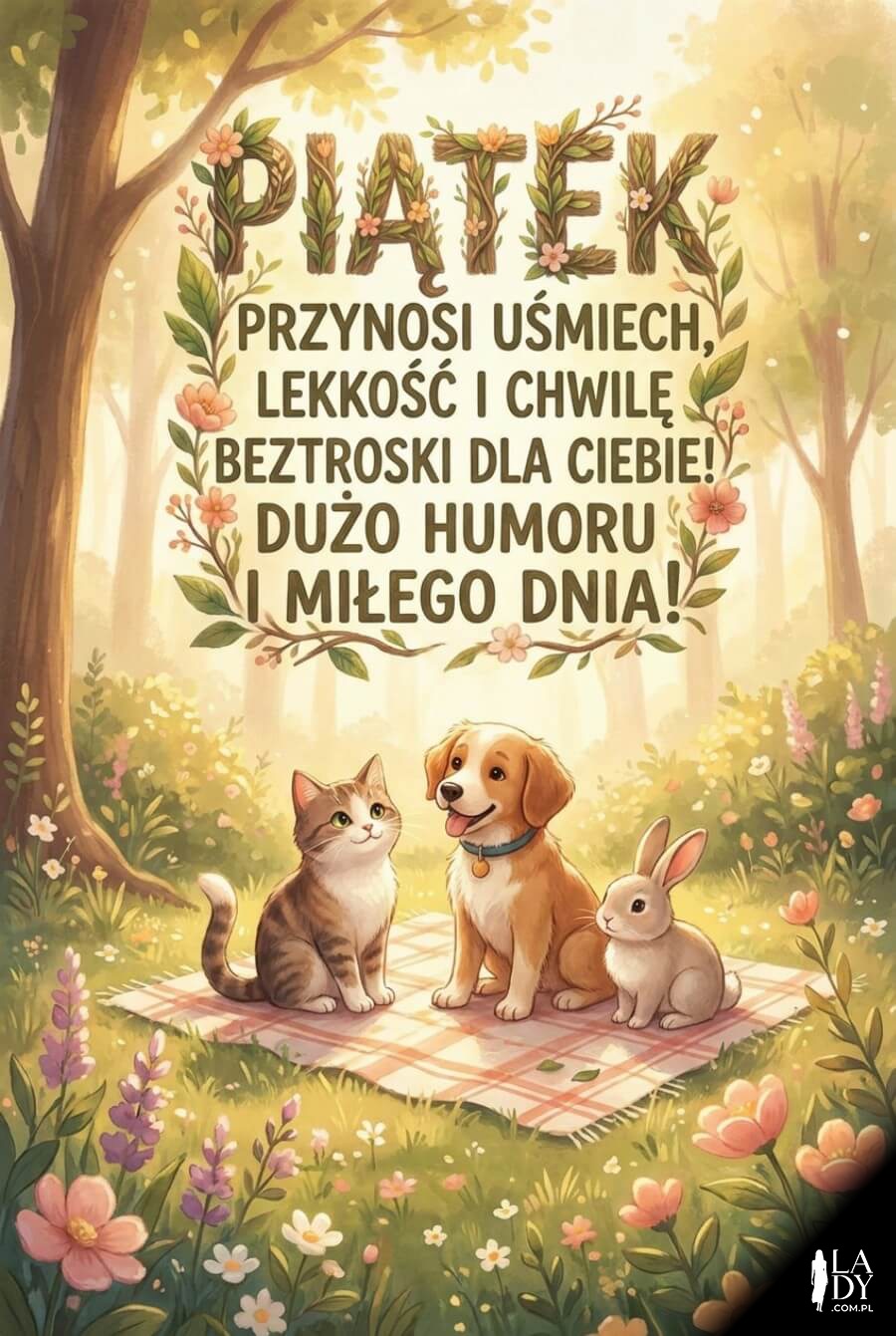 Zwierzęta na pikniku w słonecznym parku z piątkowym napisem