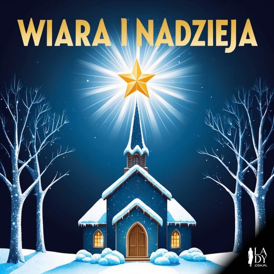 Gwiazda nad kościołem w zimie, z serdecznym pozdrowieniem "Wiara i nadzieja"