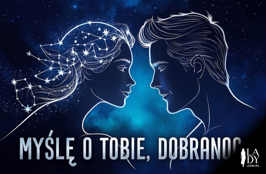 Konstelacje gwiazd, męska i żeńska twarz na niebie nocą, z pozdrowieniami: Myślę o Tobie, dobranoc