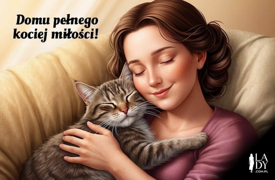 Słodki kotek wtulony w właścicielkę podczas wspólnej drzemki na kanapie, z pozdrowieniami: Domu pełnego kociej miłości