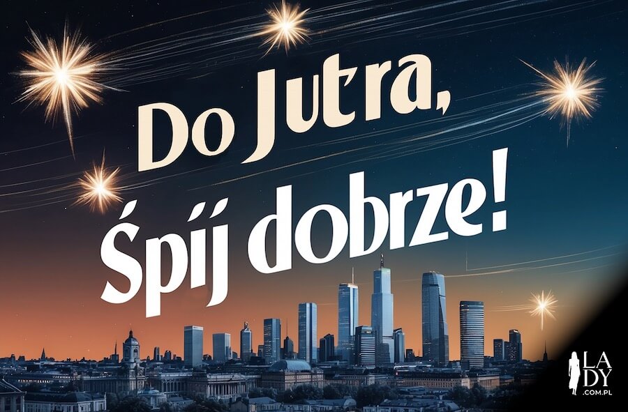 Niebo pełne gwiazd nad wielkim miastem, z napisem: Do jutra, śpij dobrze