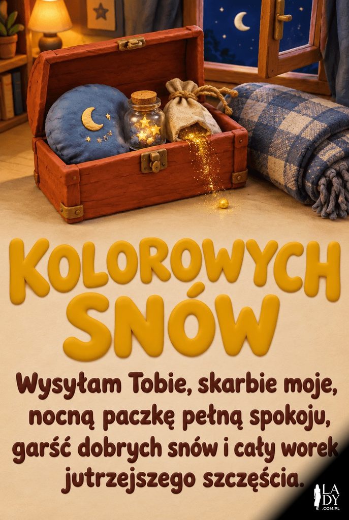 Ilustracja plastelinowa otwartej skrzynki z nocną przesyłką pełną spokoju i słodkich snów, z napisem „Kolorowych Snów” i życzeniami dobranoc