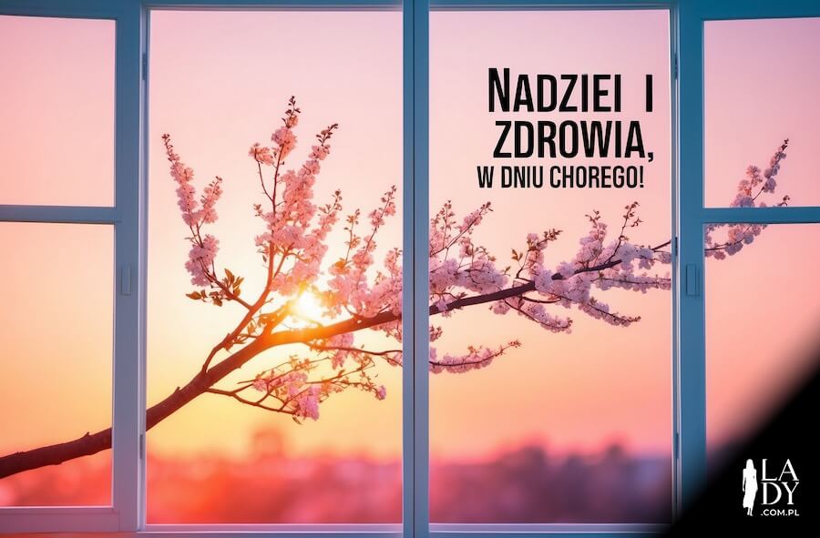 Piękny krajobraz za oknem, gałąź drzewa z kwiatami na tle zachodzącego słońca, z pozdrowieniami: Nadziei i zdrowia, w dniu chorego
