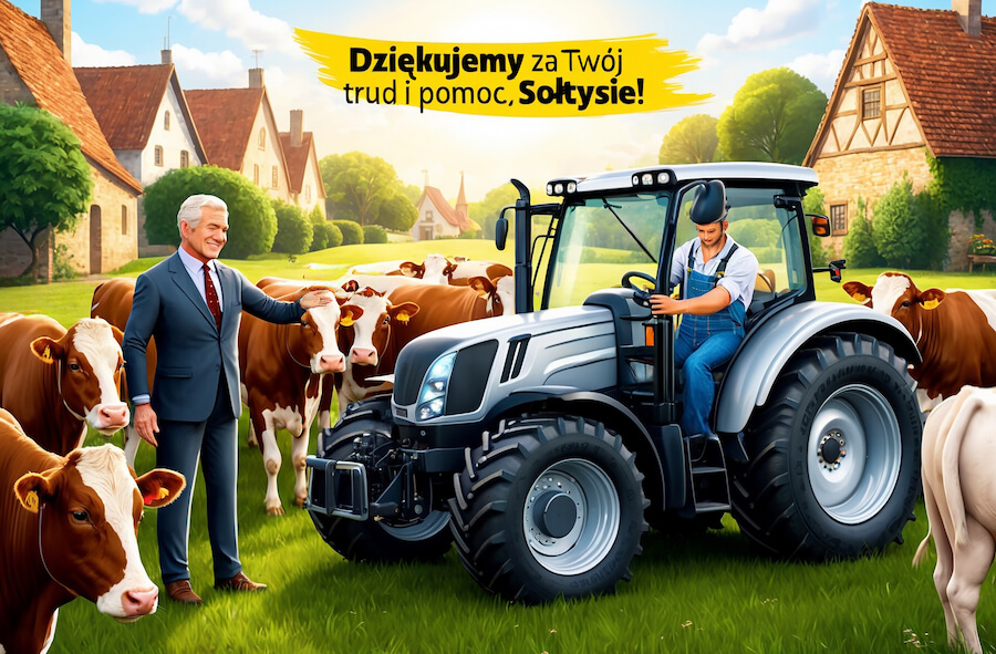 Sołtys pomagający rolnikowi na wsi przy krowach i sprzęcie rolniczym, z pozdrowieniami: Dziękujemy za Twój trud i pomoc, sołtysie