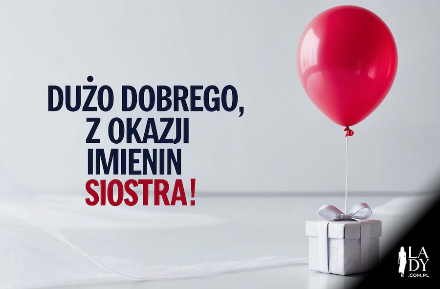 Darmowa kartka do pobrania, czerwony balon z prezentem, z życzeniami: Dużo dobrego z okazji imienin siostra