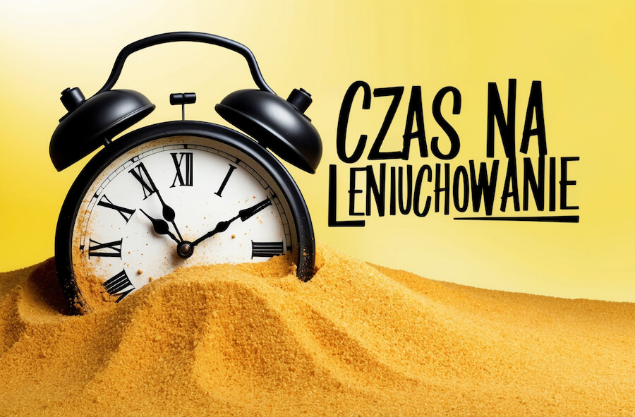 Budzik w piasku z napisem: Czas na leniuchowanie