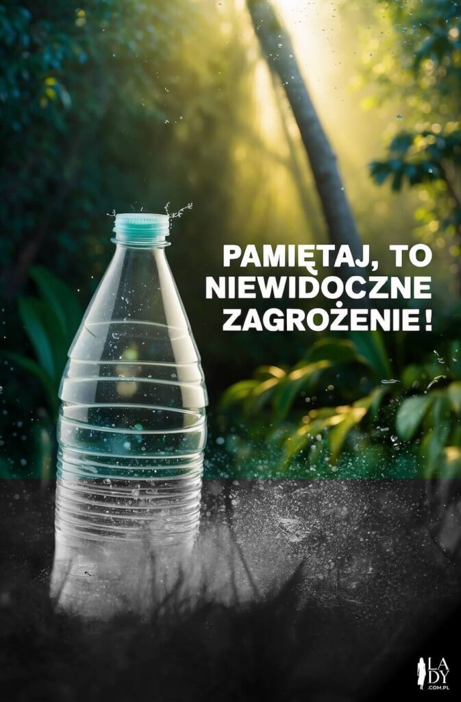 Oryginalna kartka, butelka wody, która rozkłada się w lesie, z ważnym przesłaniem: Pamiętaj, to niewidoczne zagrożenie