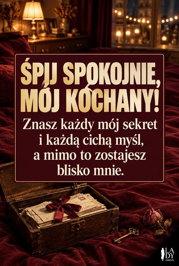 Kartka z życzeniami dobranoc: otwarty kuferek z listami na łóżku w blasku lampki nocnej, z dłuższym tekstem życzeń o wspólnych sekretach i bliskości.