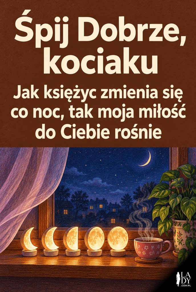 Kartka z życzeniami dobranoc: parapet z lampkami w kształcie faz księżyca i rośliną, z tekstem życzeń o rosnącej miłości.