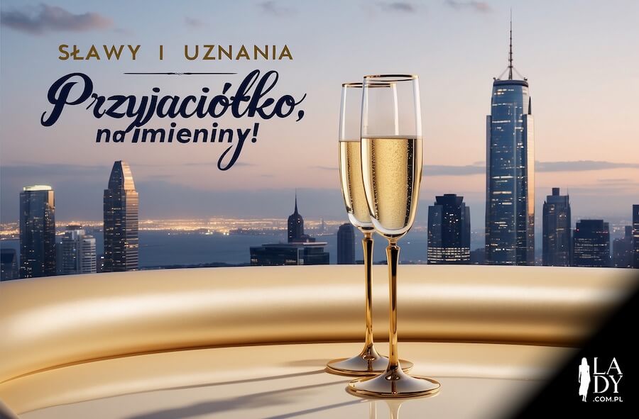 Imieninowa kartka do wysłania pełna elegancji, dwa kieliszki szampana z pięknym, nowoczesnym miastem w tle, z pozdrowieniami: Sławy i uznania, przyjaciółko, na imieniny