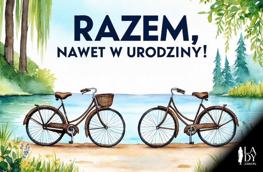 Dwa klasyczne rowery postawione nad jeziorem, z hasłem: Razem, nawet w urodziny