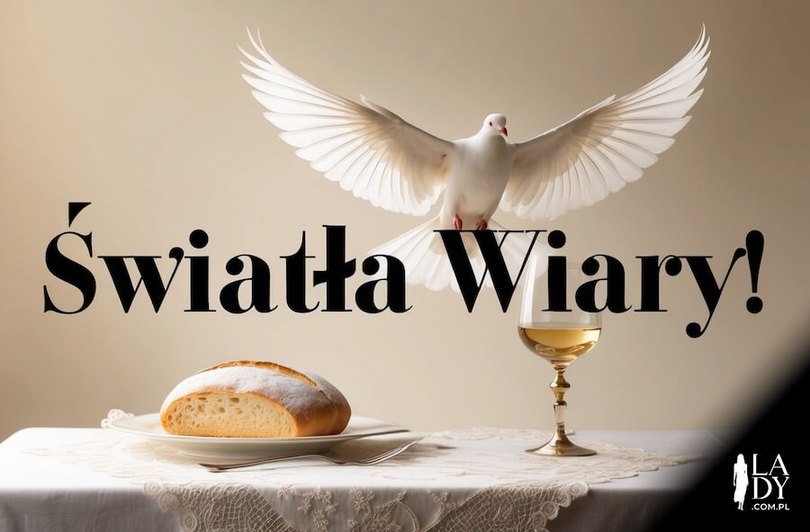 Gołąb nad stołem z chlebem i winem jako religijny akcent nieba, z napisem: Światła wiary