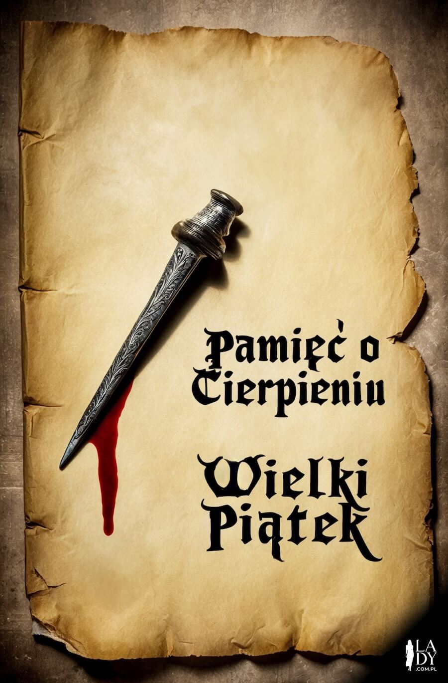 Kartka na Wielki Piątek, gwóźdź z krwią na papirusie, z napisem: Pamięć o cierpieniu