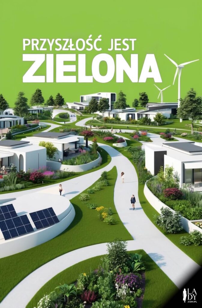 Obrazek do wysłania, widok na nowoczesne miasto z zielonymi akcentami oraz tekstem na niebie: Przyszłość jest zielona