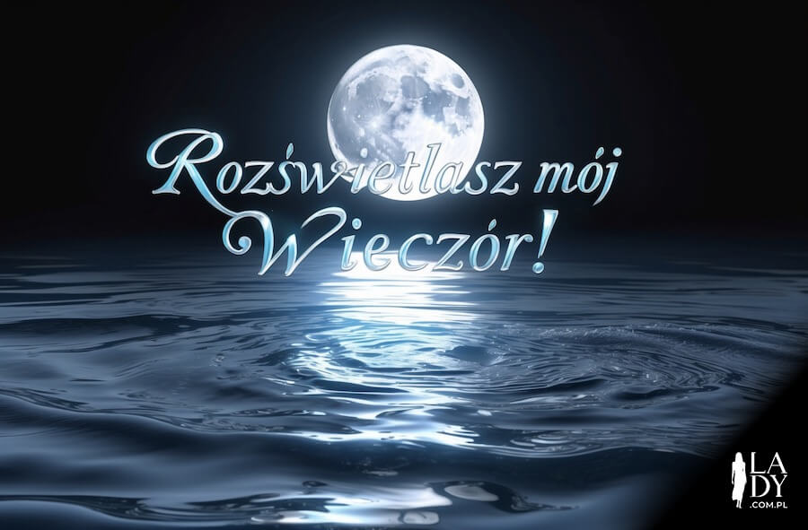 Niesamowity księżyc rozświetlający wodę nad jeziorem nocą z pozdrowieniami: Rozświetlasz mój wieczór