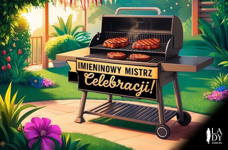 Ilustracja z okazji imienin dla mądrego faceta pełnego pasji i humoru, grill ze stekami w ogrodzie, z pozdrowieniami: Imieninowy mistrz celebracji