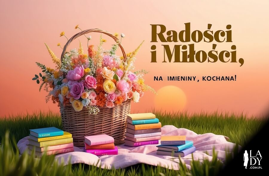 Oryginalny obrazek do wysłania koleżance, piękny bukiet kwiatów w koszyku oraz kolorowe książki na kocyku z zachodem słońca w tle, z życzeniami: Radości i miłości, na imieniny, kochana