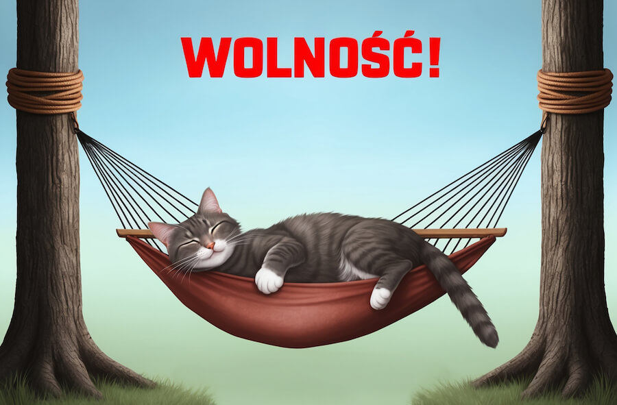 Zabawny kot leżący na hamaku między drzewami, z życzeniami: Wolność