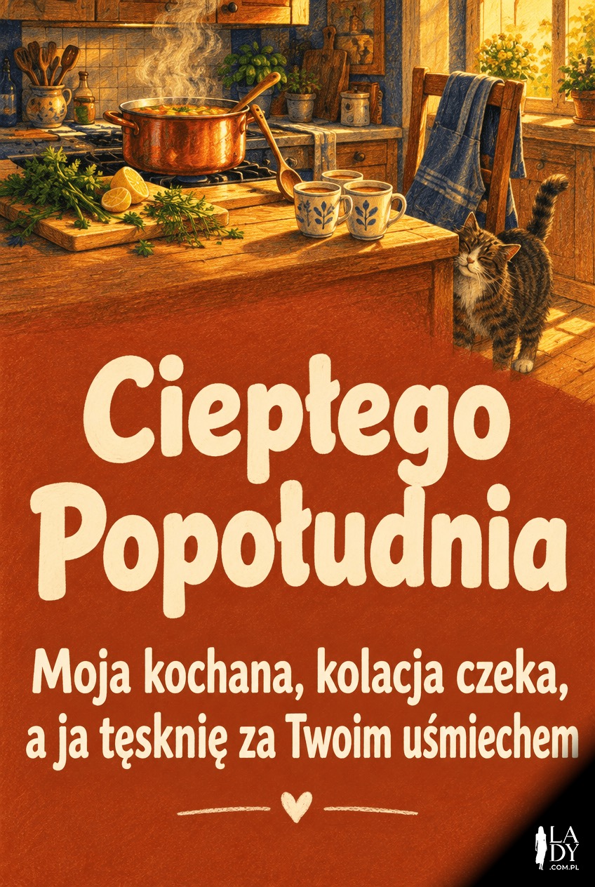 Ilustracja przytulnej kuchni z gotującą się kolacją i życzeniami ciepłego popołudnia