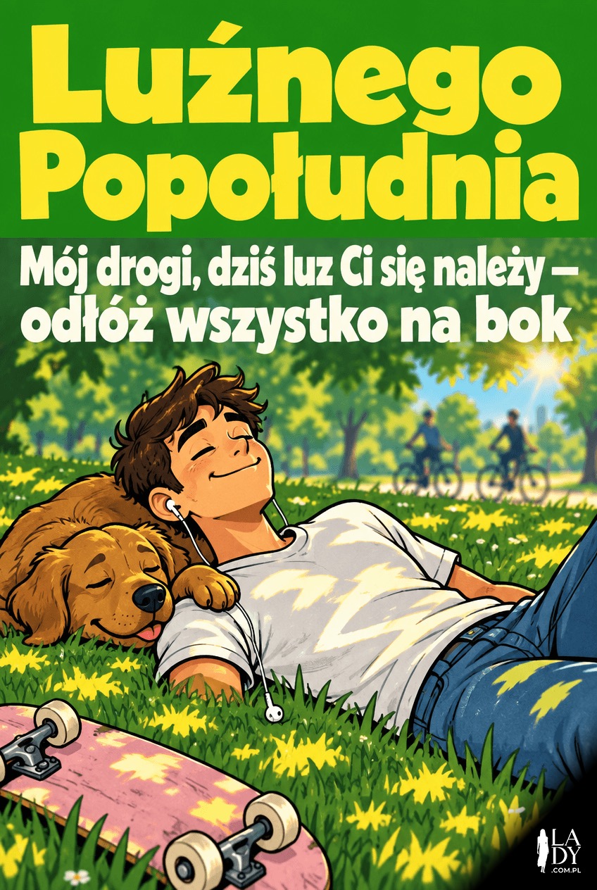 Kumpel odpoczywający w parku z psem i życzeniami luźnego popołudnia