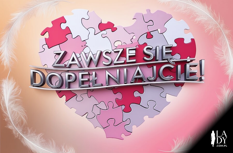 Miłosne serce z puzzli i piórka dla Młodej Pary, z napisem: Zawsze się dopełniajcie