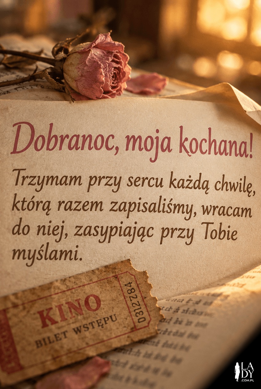 Kartka na dobranoc dla Oli: makro zasuszonego kwiatu i biletu w starej książce, życzenia „Dobranoc, moja kochana!"