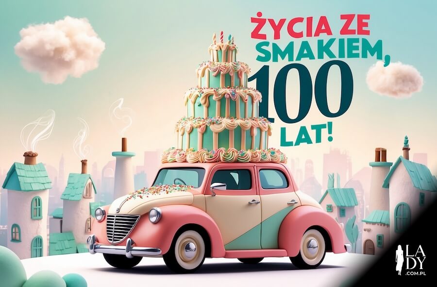 Samochód z tortem urodzinowym na dachu w wesołym miasteczku, z życzeniami: Życia ze smakiem, 100 lat