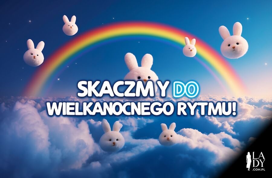 Skaczące zajączki - chmurki, po tęczowym niebie, z przesłaniem: Skaczmy do wielkanocnego rytmu