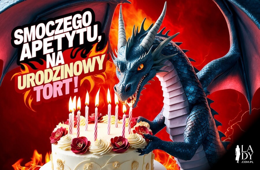 Mroczna smoczyca łakoma na tort chwytająca jego dodatki na piekielnym tle, z życzeniami: Smoczego apetytu na urodzinowy tort