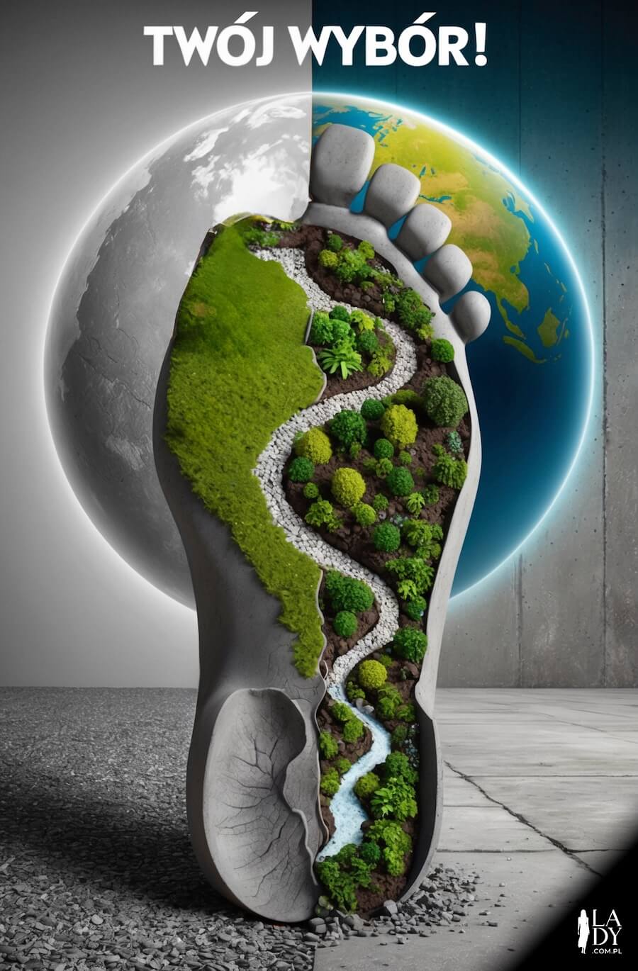 Ludzka stopa, podzielona wraz z planetą na pół, gdzie obie połowy to prognozy dla przyszłości planety w kontekście ekologii, z napisem: Twój wybór