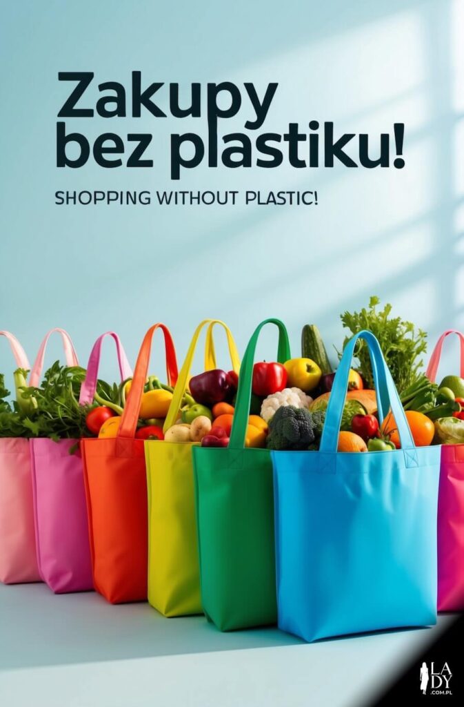 Kartka na Dzień Ziemi, mnóstwo kolorowych, wypełnionych zakupami - torb wielokrotnego użytku, z napisem: Zakupy bez plastiku, shopping without plastic
