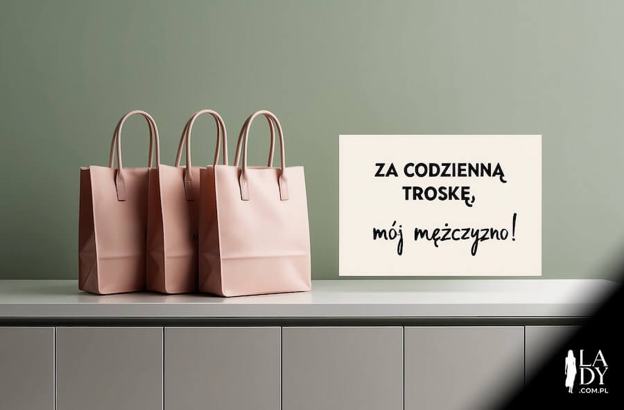 Ilustracja do wysłania dla męża z okazji imienin, torby zakupowe z podziękowaniami: Za codzienną troskę, mój mężczyzno