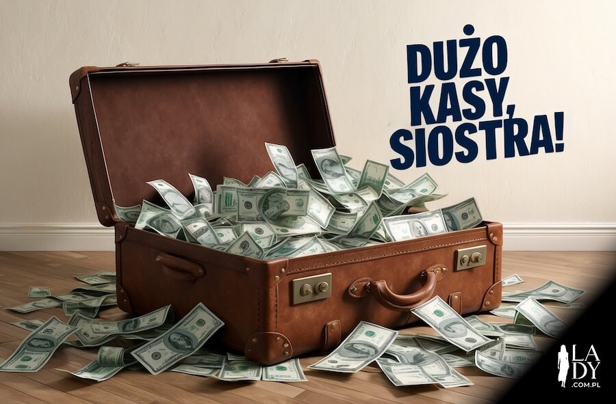 Zabawny obrazek do wysłania z okazji imienin, walizka pełna pieniędzy, z życzeniami: Dużo kasy, siostra