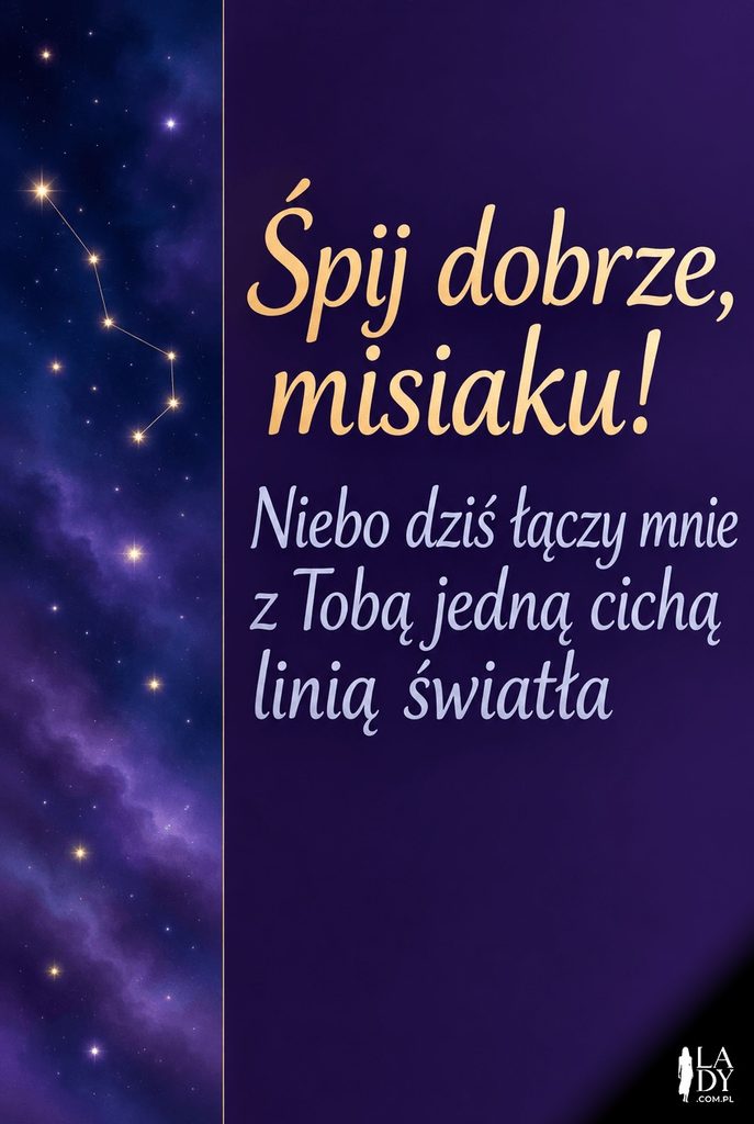 Kartka na dobranoc dla Wojtka: gradientowe nocne niebo z linią konstelacji, życzenia „Śpij dobrze, misiaku!"